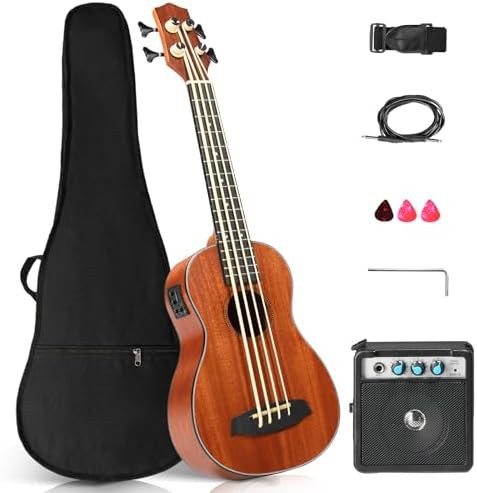 Electric acoustic mahogany bass ukulele with amp